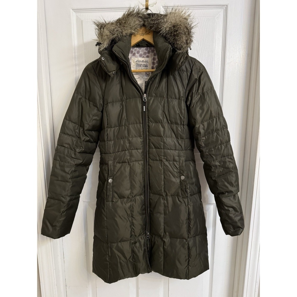Eddie Bauer Women's XS Lodge Premium Goose Down Parka Fur Detachable Hood Green